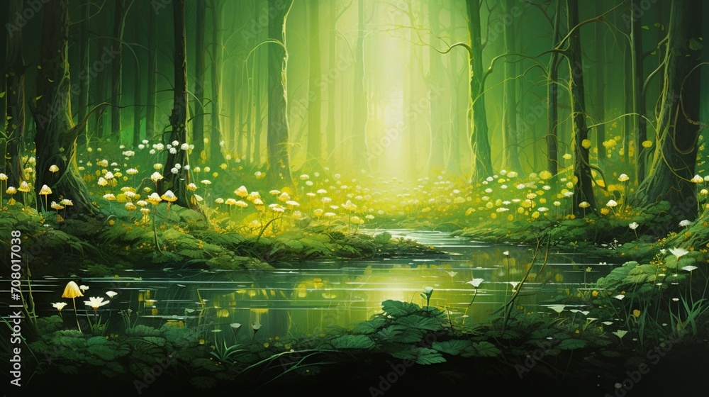 Obraz na płótnie a visually enchanting composition where bright yellow and tranquil green colors blend together, creating a dreamlike and fantastical background reminiscent of a sunlit glade in an enchanted forest,  w salonie