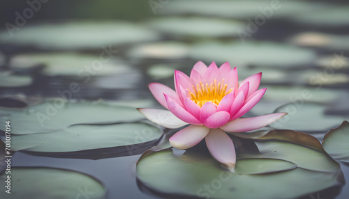 pink water lily with green leaves in the lake