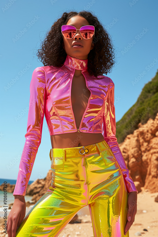Fashion model dressed in neon, metallic, irrdescent  shiny patent leather outfit in the South of France - Generative AI