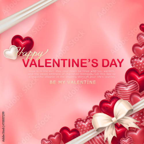Romantic square banner or greeting card with 3d  glossy various hearts and realistic white silk bow on soft pink blurred background. Love concept. Happy Valentine s Day invitation. Be my Valentine 