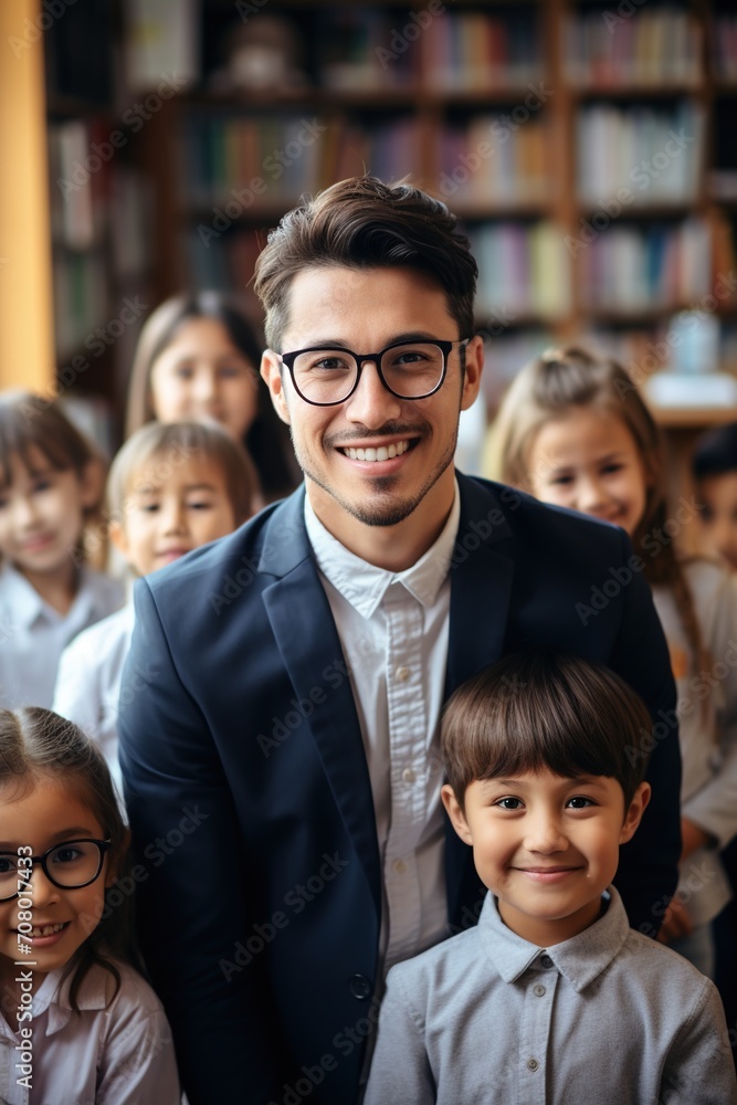Male teacher posing with a group of elementary students Male teacher posing with a group of elementary students
