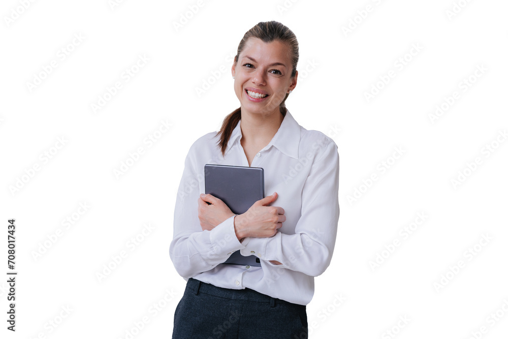 Professional young develop specialist woman standing against transparent background holding tablet smiling wide looks at camera happily. Successful manager completed all tasks. Happy student Professional young develop specialist woman standing against transparent background holding tablet smiling wide looks at camera happily. Successful manager completed all tasks. Happy student