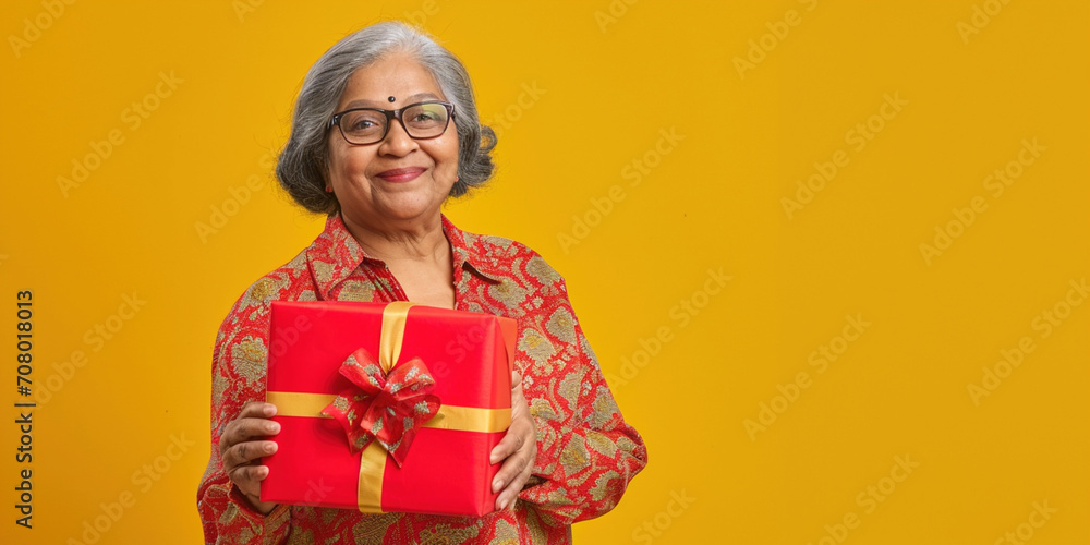 Happy Indian woman smiling senior gray-haired old lady holds a wrapped present box with gift ribbon bow on isolated on yellow colour background, studio portrait. Copy paste empty place for text Happy Indian woman smiling senior gray-haired old lady holds a wrapped present box with gift ribbon bow on isolated on yellow colour background, studio portrait. Copy paste empty place for text