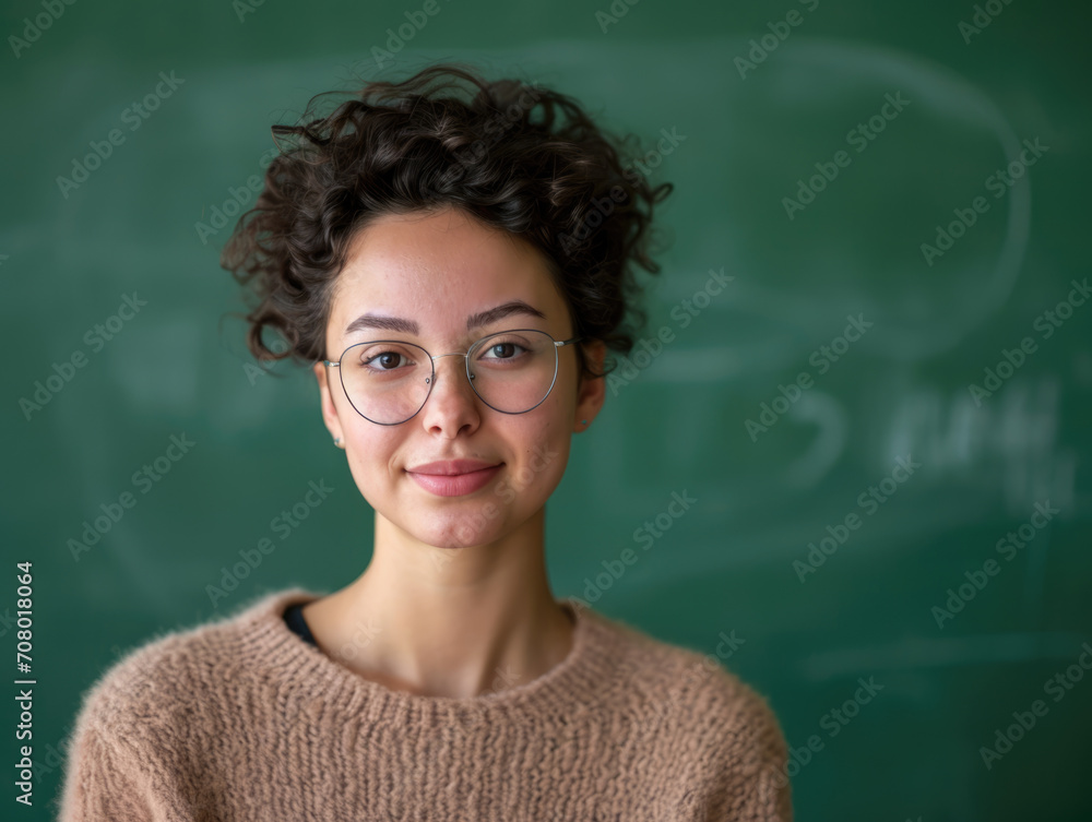 Portrait of a teacher standing in front of a green board in classroom and looking into the camera, professional photograhpy