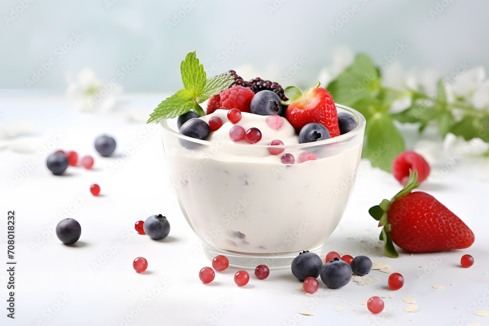 Yogurt and fresh berry fruit mix in glass Yogurt and fresh berry fruit mix in glass