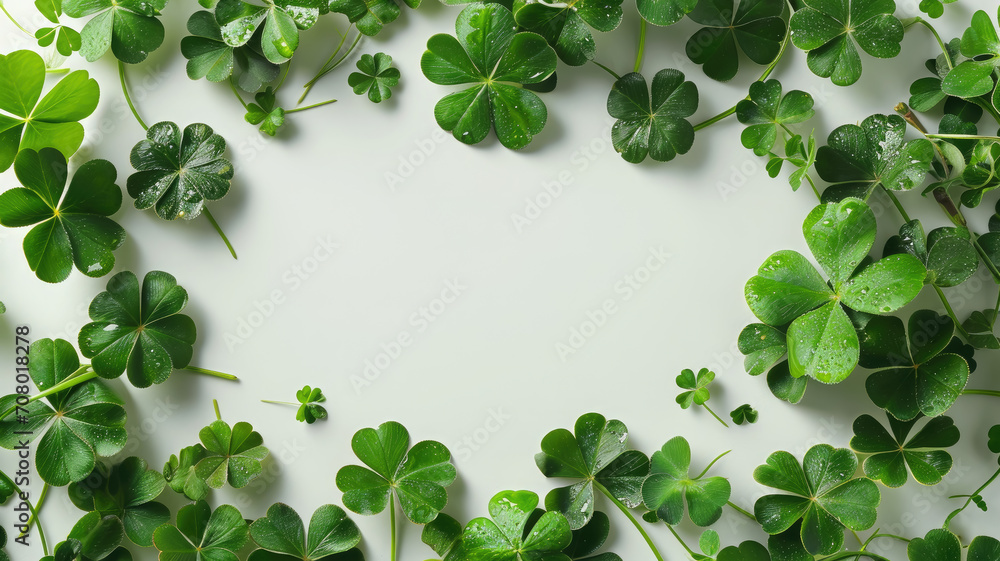 empty white background in a frame of green clover, shamrock, st. patrick's day, Ireland, postcard, layout, blank, place for text, national Irish holiday, nature, plants, symbol, March 17