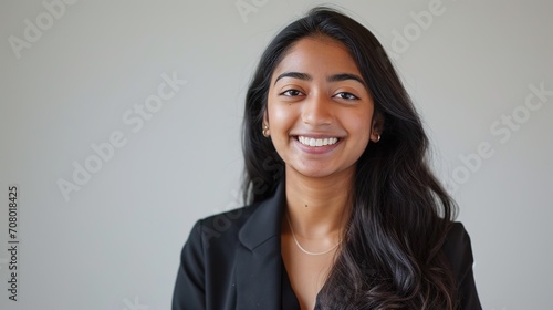 A confident young woman with long hair, wearing a black blazer, smiles brightly against a light background. photo