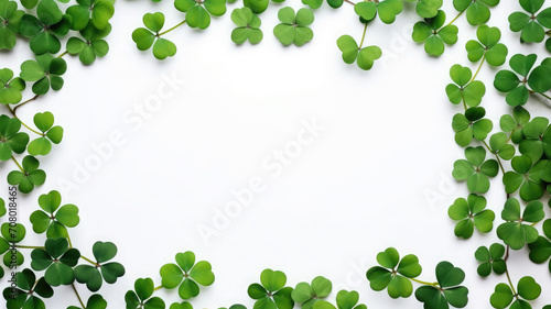 empty white background in a frame of green clover, shamrock, st. patrick's day, Ireland, postcard, layout, blank, place for text, national Irish holiday, nature, plants, symbol, March 17