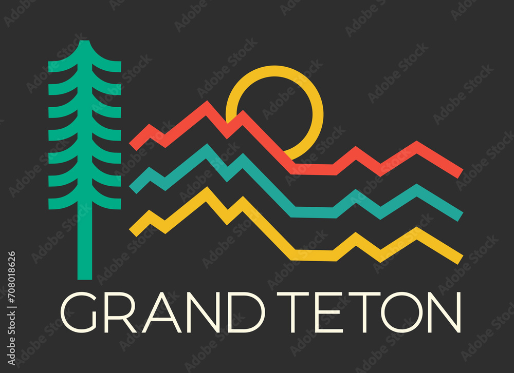 Mono line illustration of Wyoming Grand Teton National Park Mono line illustration of Wyoming Grand Teton National Park