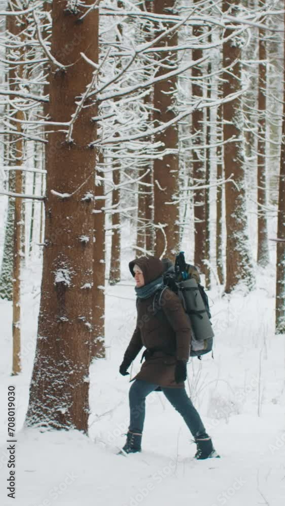 Vertical steady shot caucasian man walking through snow covered trees, explore winter woods during snowfall. Happy male traveler with hiking backpack trek in snowy woodland enjoying nature alone Vertical steady shot caucasian man walking through snow covered trees, explore winter woods during snowfall. Happy male traveler with hiking backpack trek in snowy woodland enjoying nature alone