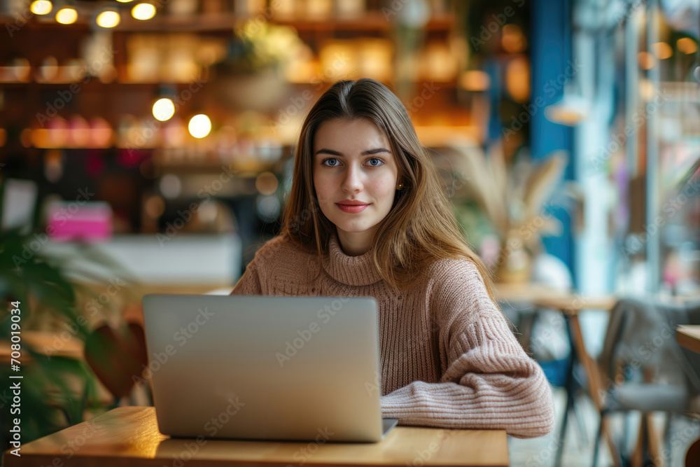 Fototapeta premium In this image, a lovely young woman, potentially a freelancer or student, is seen working on her laptop at a cafe table, illustrating her commitment to her tasks.