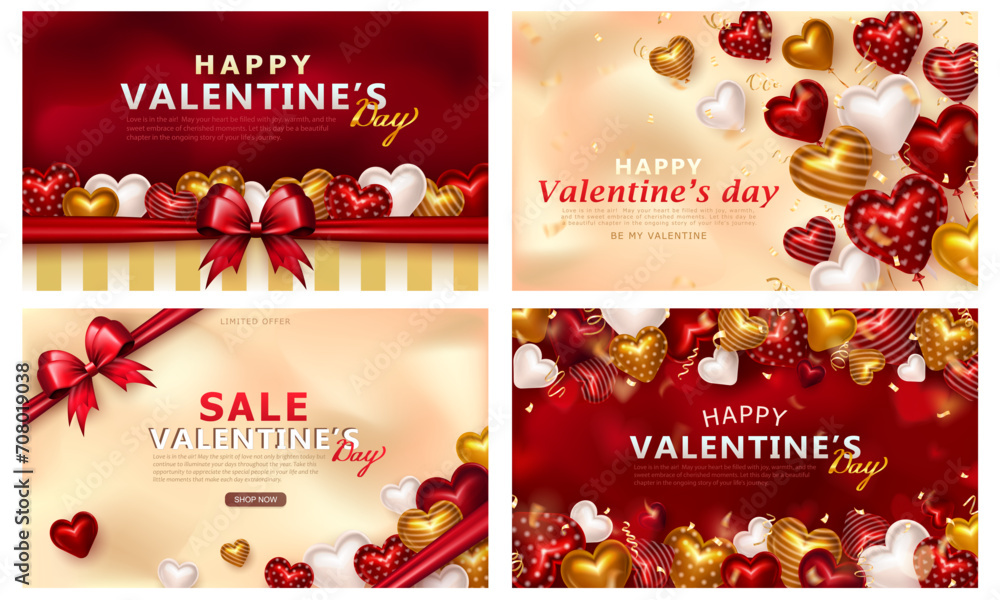Happy Valentine's Day banners with 3d colorful hearts, balloons, bow wrapping and realistic confetti ribbons. Greeting card or romantic invitation with glossy hearts, streamers, tinsel and highlights
