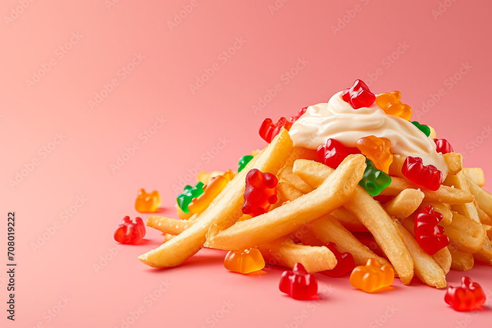 French fries topped with mayonnaise and adorned with gummy bears. PMS meal. French fries topped with mayonnaise and adorned with gummy bears. PMS meal.
