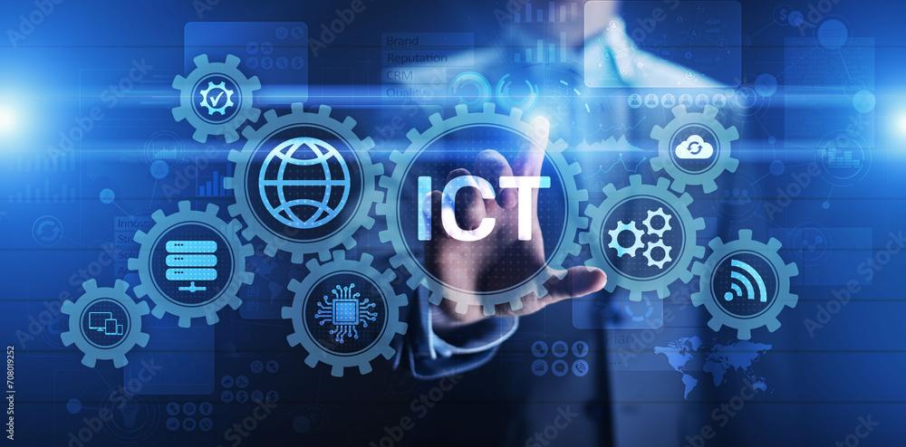 ICT - Information and communication technology concept on virtual screen. ICT - Information and communication technology concept on virtual screen.