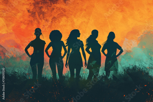 Five women stand together. International Women's Day. Poster with five womens silhouettes. 