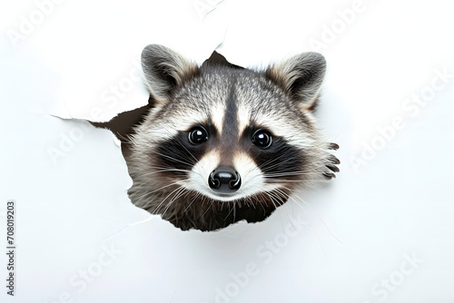 Playful Raccoon Peeking Through a Torn Paper Hole