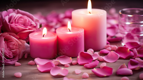 a couple of candles sitting on top of a pile of pink hearts next to a couple of pink hearts on a bed of rose petals