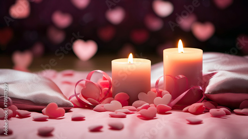 a couple of candles sitting on top of a pile of pink hearts next to a couple of pink hearts on a bed of rose petals