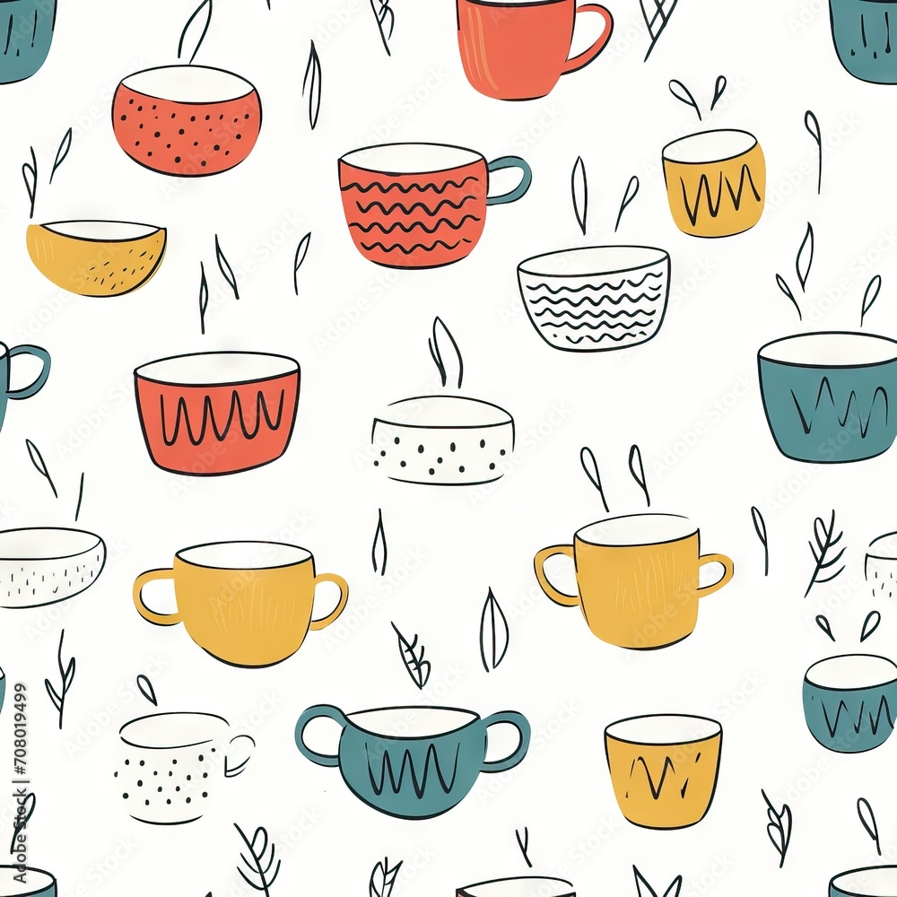 Seamless pattern tea cups on white background retro style. Fabric print. background. Doodle Seamless pattern tea cups on white background retro style. Fabric print. background. Doodle