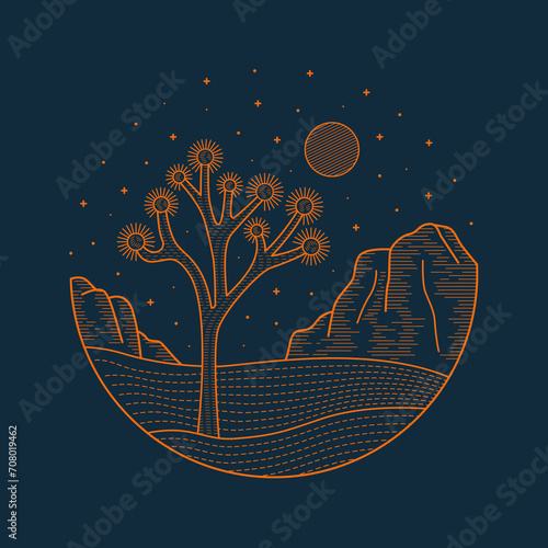 Joshua Tree National Park in Night View Mono line vector illustration for badge, patch, t shirt, sticker, etc