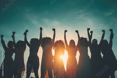 Silhouetted group of women raised their arms.