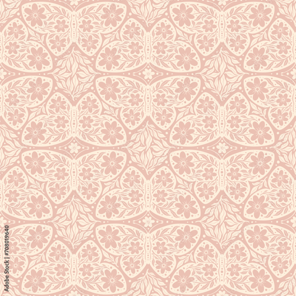 Hand drawn butterflies flowers seamless pattern. Scandinavian folk seamless butterfly floral texture Hand drawn butterflies flowers seamless pattern. Scandinavian folk seamless butterfly floral texture