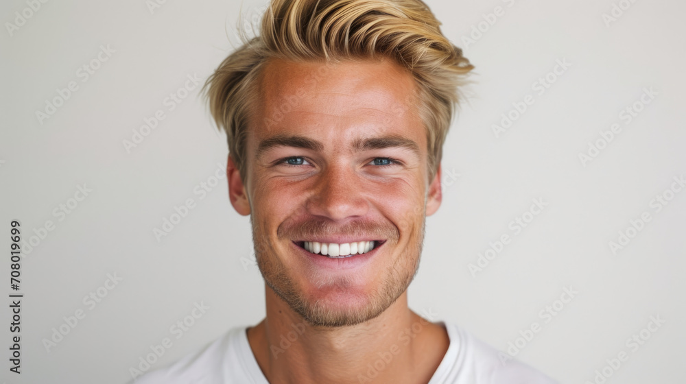 a closeup photo portrait of a handsome blonde scandinavian man smiling with clean teeth. for a dental ad. guy with fresh stylish hair with strong jawline. isolated on white background. a closeup photo portrait of a handsome blonde scandinavian man smiling with clean teeth. for a dental ad. guy with fresh stylish hair with strong jawline. isolated on white background.