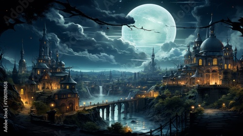 A steampunk city at night with shooting stars