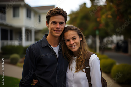 Portrait of happy young couple standing in front of residential house