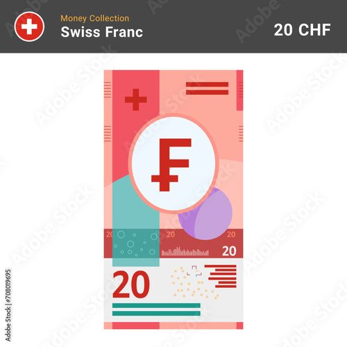Swiss 20 francs banknote vector illustration. Paper money of twenty bills. The official currency of Switzerland CHF. Flat style. Simple minimal design.
