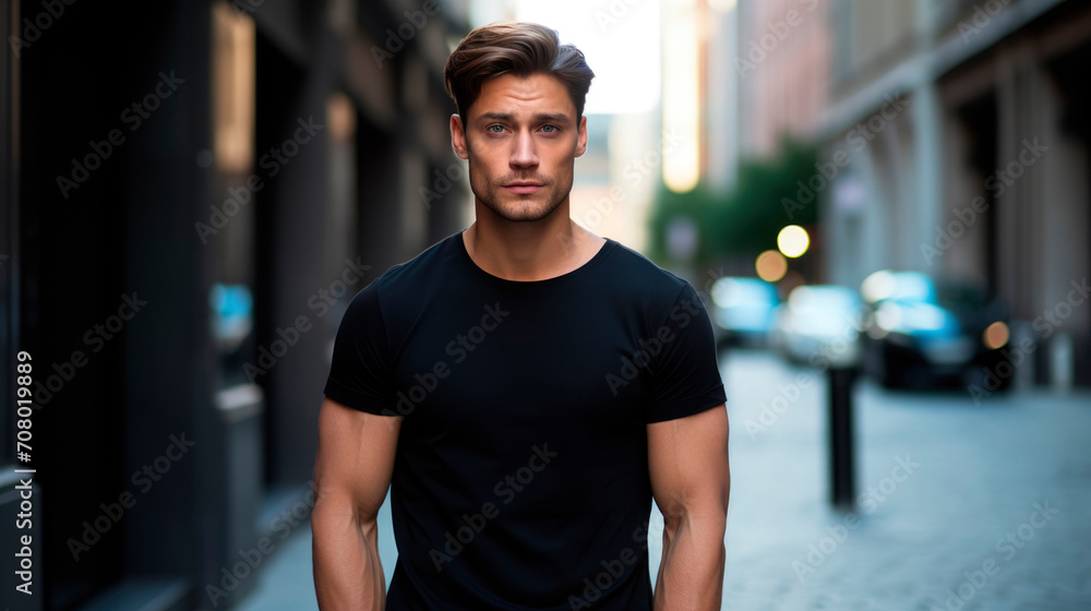 Male model in classic tight-fitting black cotton T-shirt on city street. Image of elegant, stylish and self-confident man, leading fashionable lifestyle. Space for logo or design. Mock up for printing Male model in classic tight-fitting black cotton T-shirt on city street. Image of elegant, stylish and self-confident man, leading fashionable lifestyle. Space for logo or design. Mock up for printing