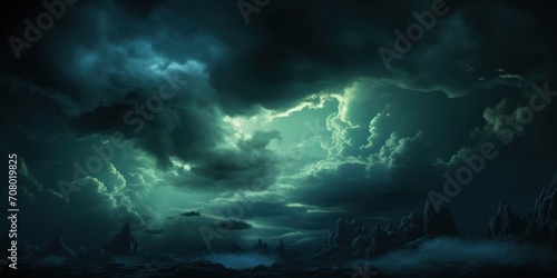Black dark greenish blue dramatic night sky. Gloomy ominous storm rain clouds background. Cloudy thunderstorm hurricane wind lightning. Epic fantasy mystic. Or creepy spooky nightmare horror concept. © AMK 