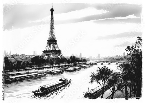 Paris, Eiffel Tower and Seine River. Black and white illustration. © esa
