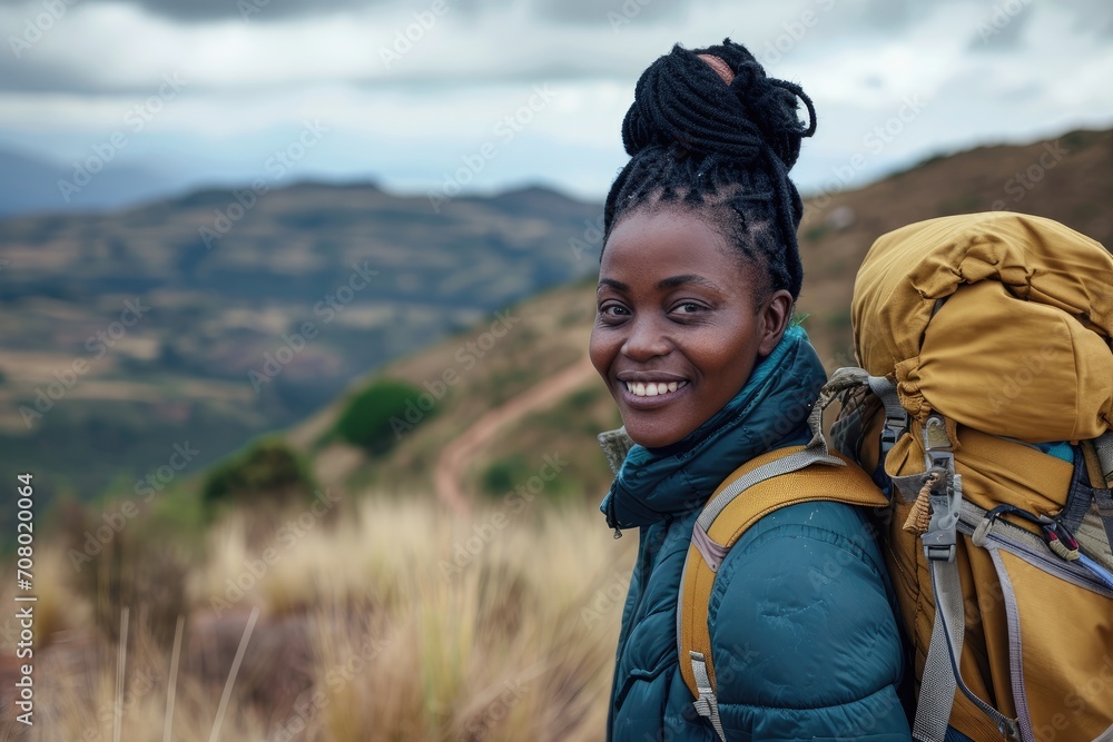 Adventurous studio portrait of a young African woman in hiking attire, with a backpack, isolated on a rugged mountain trail background Adventurous studio portrait of a young African woman in hiking attire, with a backpack, isolated on a rugged mountain trail background