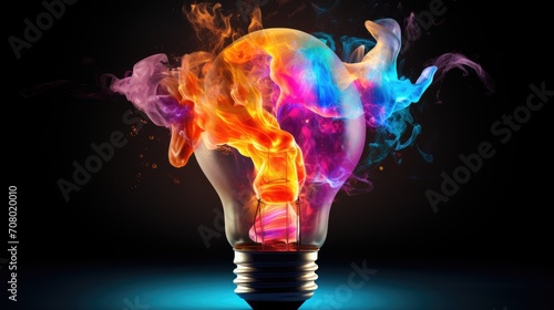 Creative light bulb explodes with colorful paint and colors