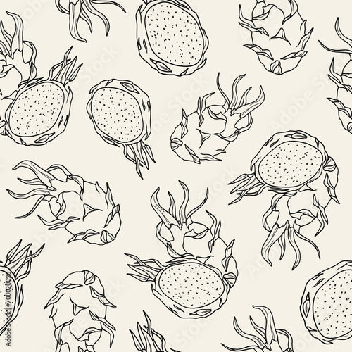 Line art dragon fruit or pitaya seamless pattern