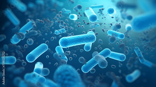 .Medical background E. coli bacteria are found in the intestines. blue bacteria under a microscope - 3D rendering photo