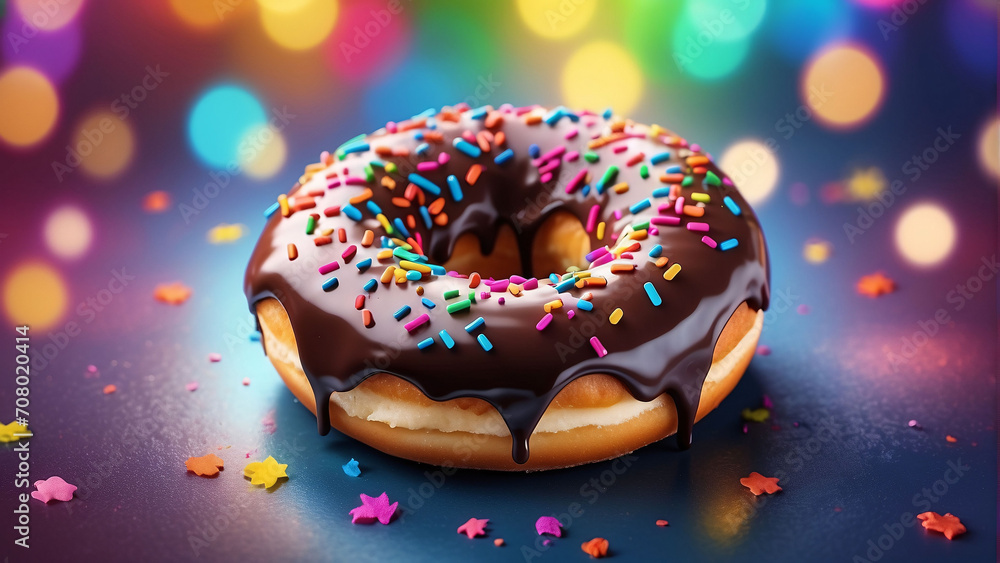 Delicious single donut with beautiful bokeh background in colorful illustration Delicious single donut with beautiful bokeh background in colorful illustration