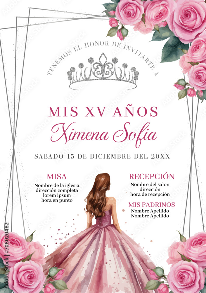 Invitacion rosa con plateado de XV años con muñeca de vestido rosa y flores - obrazy, fototapety, plakaty 