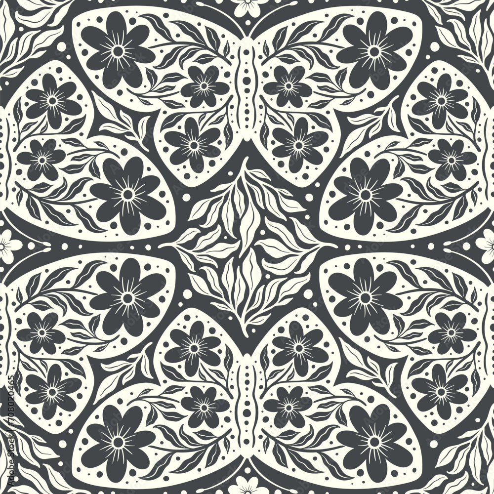 Hand drawn butterflies flowers seamless pattern. Scandinavian folk seamless butterfly floral texture Hand drawn butterflies flowers seamless pattern. Scandinavian folk seamless butterfly floral texture