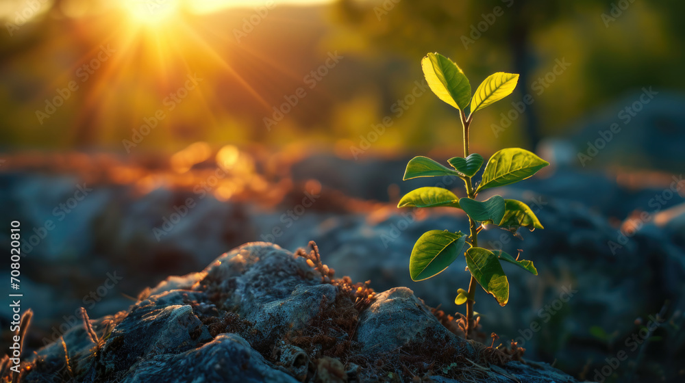 A close-up of a young tree sprouting in the soft, sunset light. - obrazy, fototapety, plakaty 