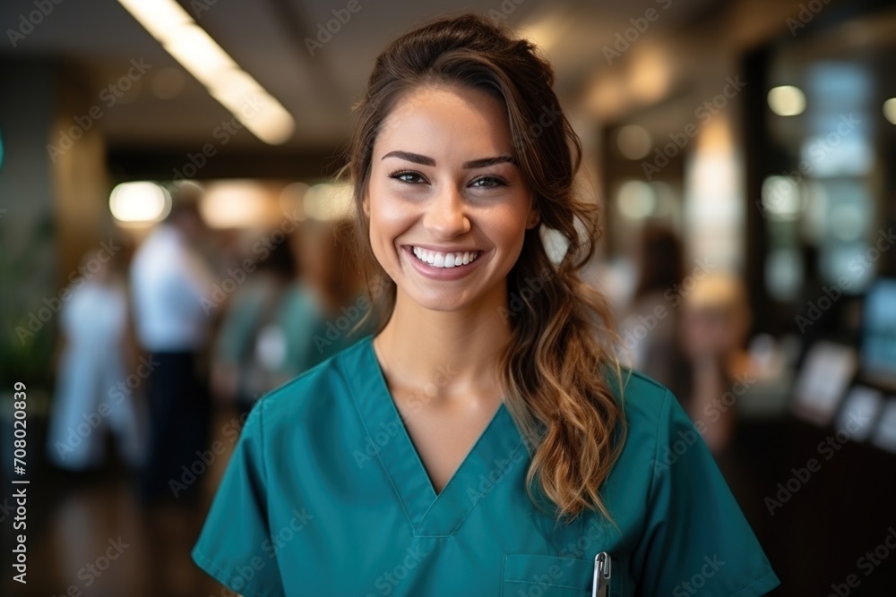 Portrait of a smiling young female nurse in a green uniform Portrait of a smiling young female nurse in a green uniform