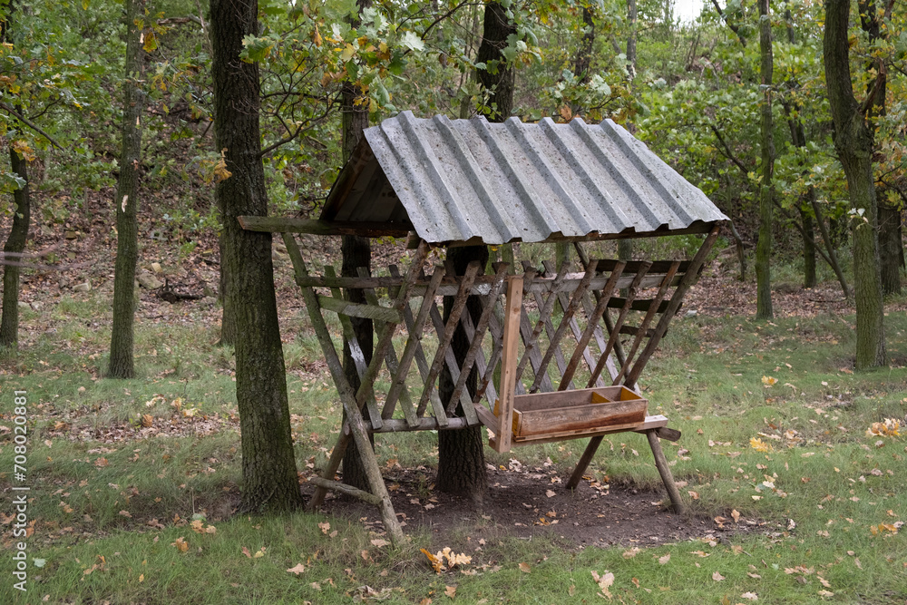 An empty wooden feeding trough serves as wildlife management. Forest population control or hunting for ecological balance An empty wooden feeding trough serves as wildlife management. Forest population control or hunting for ecological balance