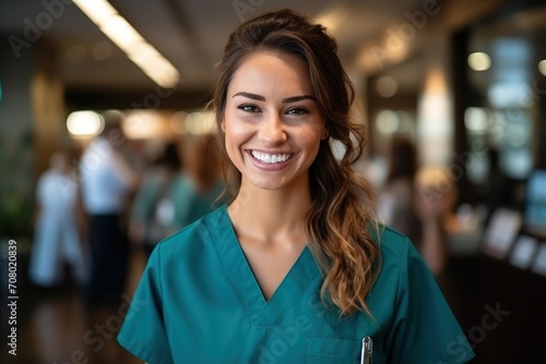 Portrait of a smiling young female nurse in a green uniform