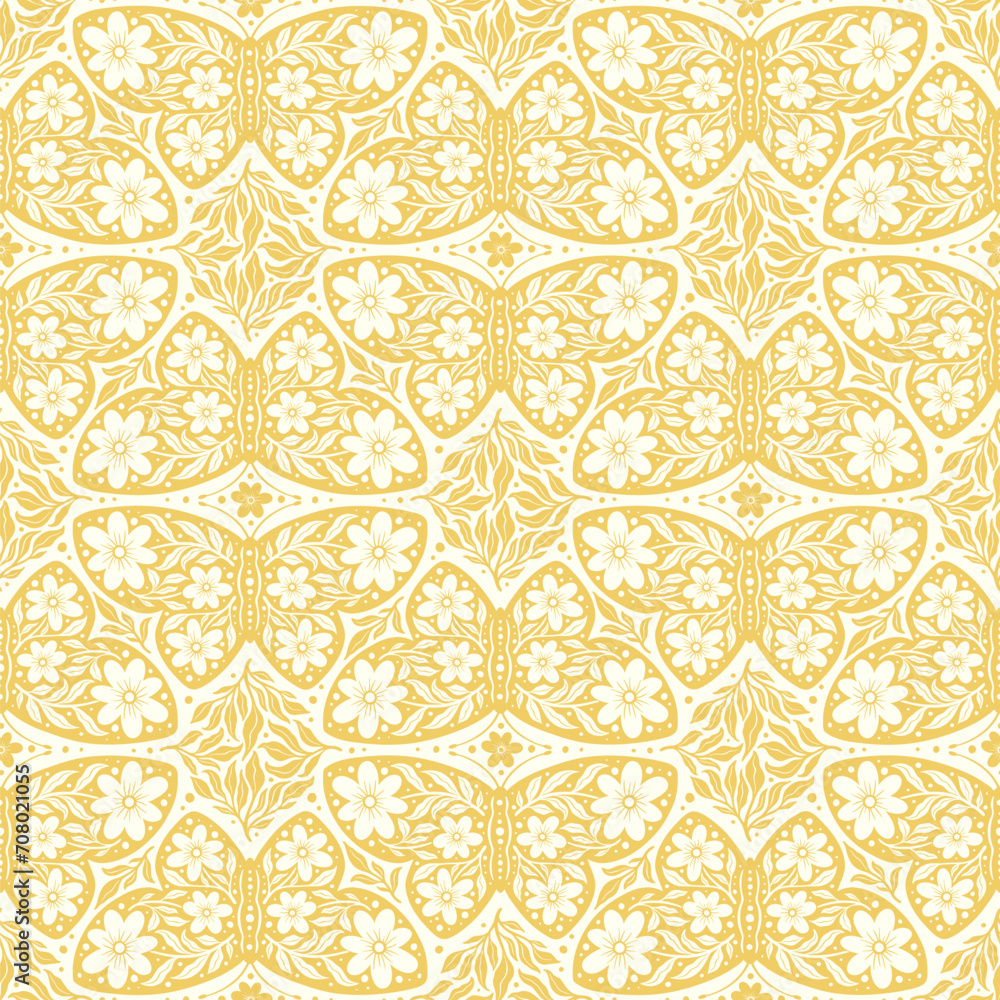 Hand drawn butterflies flowers seamless pattern. Scandinavian folk seamless butterfly floral texture Hand drawn butterflies flowers seamless pattern. Scandinavian folk seamless butterfly floral texture