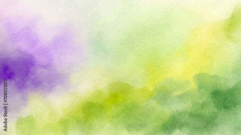 Abstract purple, olive green and yellow green watercolor splash background