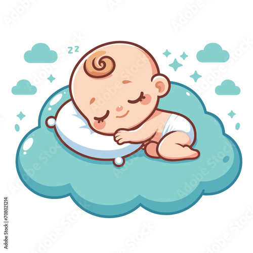cute baby sleeping on a cloud pillow cartoon illustration