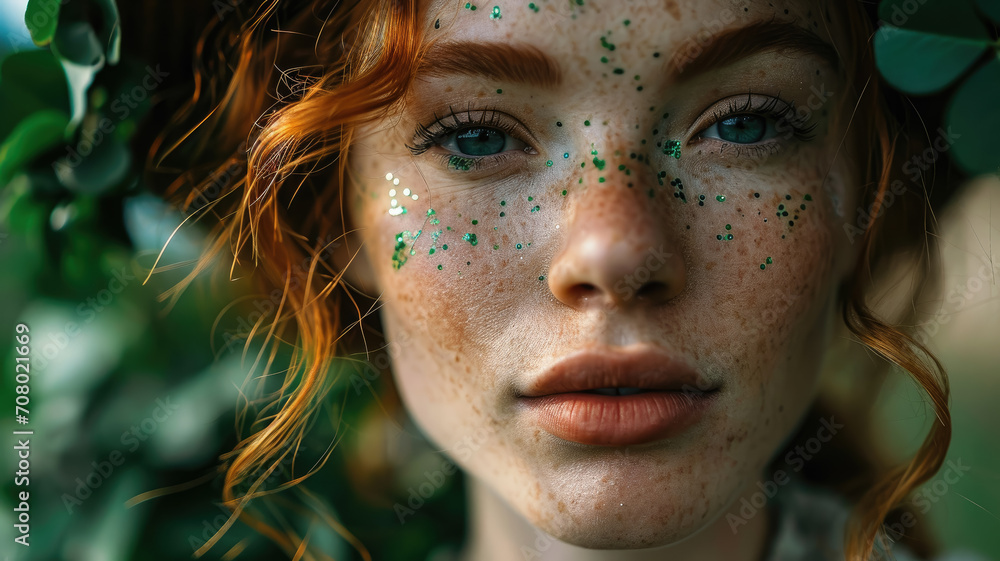 beautiful young red-haired woman with makeup in green tones and emerald clothes at the St. Patrick's Day carnival, national Irish holiday, Ireland, festival, symbol, shamrock, stylish image, girl beautiful young red-haired woman with makeup in green tones and emerald clothes at the St. Patrick's Day carnival, national Irish holiday, Ireland, festival, symbol, shamrock, stylish image, girl