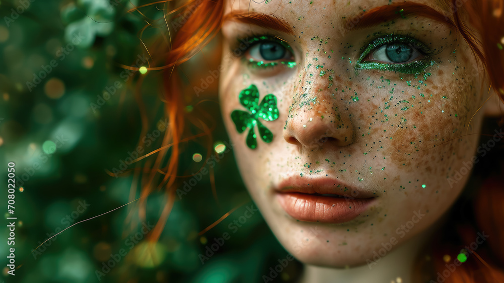 beautiful young red-haired woman with makeup in green tones and emerald clothes at the St. Patrick's Day carnival, national Irish holiday, Ireland, festival, symbol, shamrock, stylish image, girl beautiful young red-haired woman with makeup in green tones and emerald clothes at the St. Patrick's Day carnival, national Irish holiday, Ireland, festival, symbol, shamrock, stylish image, girl