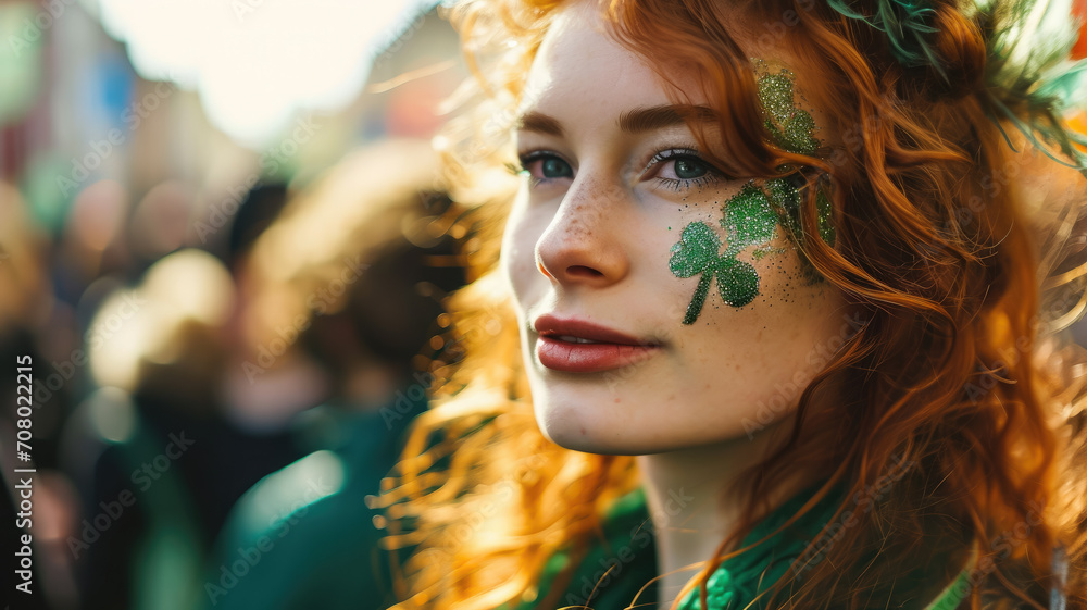 beautiful young red-haired woman with makeup in green tones and emerald clothes at the St. Patrick's Day carnival, national Irish holiday, Ireland, festival, symbol, shamrock, stylish image, girl - obrazy, fototapety, plakaty 